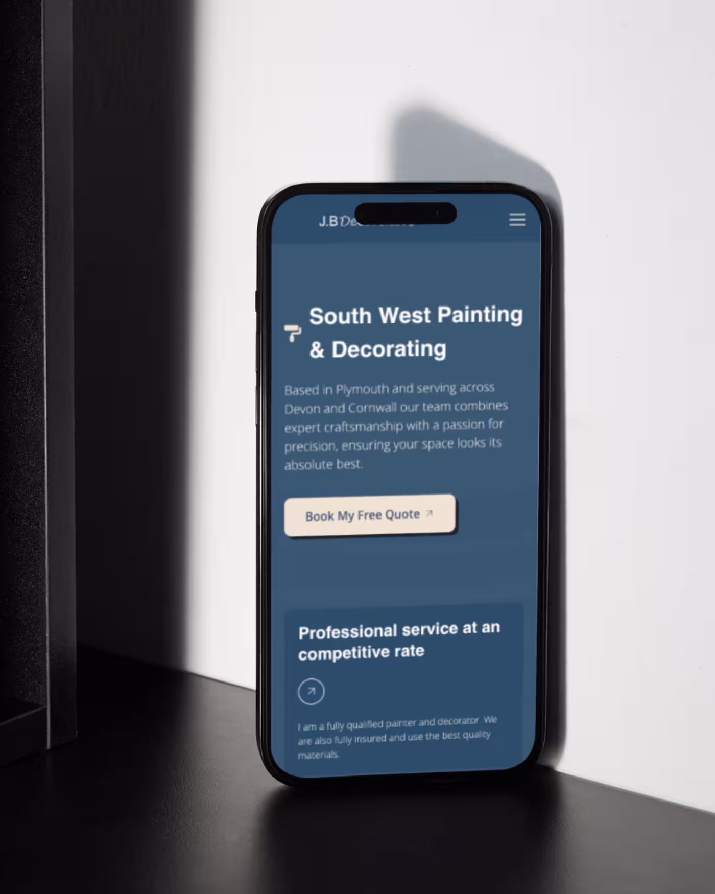 Mobile view of the website built for J.B Decorators